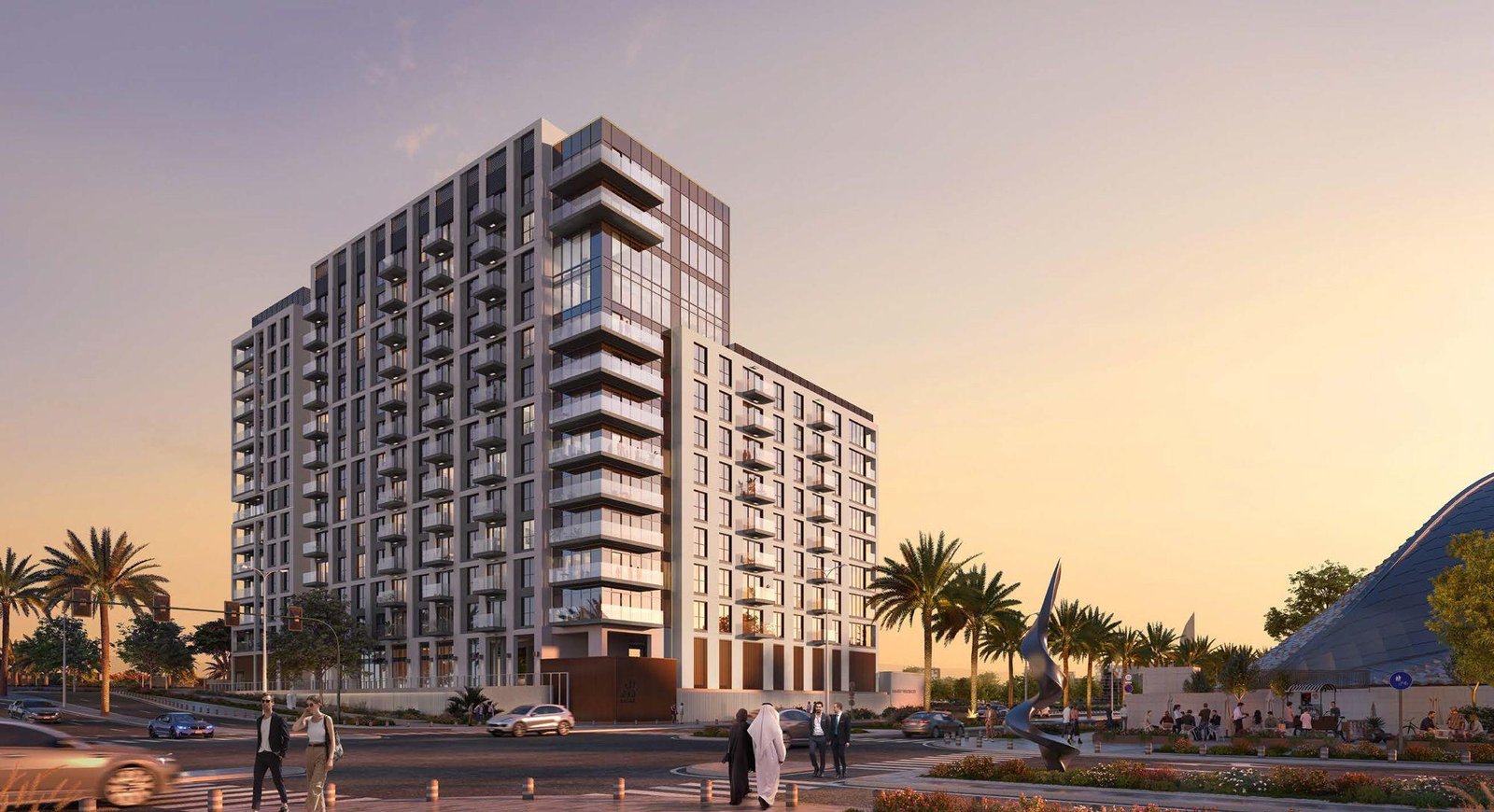 Modern façade of Manarat Living by Aldar in Saadiyat Island Cultural District with landscaped podium, premium architecture and proximity to art landmarks in Abu Dhabi.