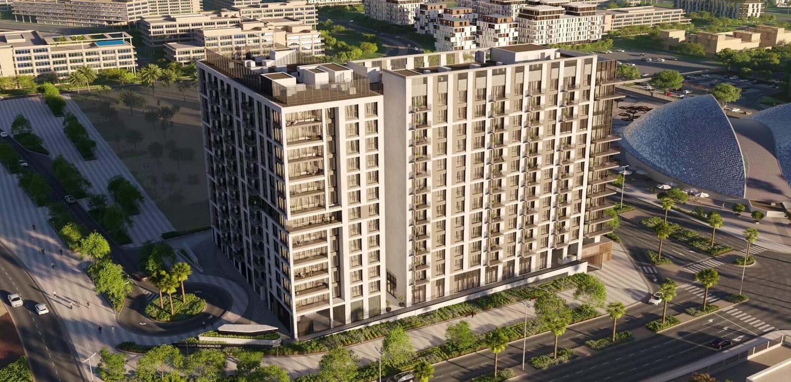 Contemporary residential tower of Manarat Living with clean architectural lines, curated urban design and walkable access to Saadiyat Grove and Manarat Al Saadiyat.
